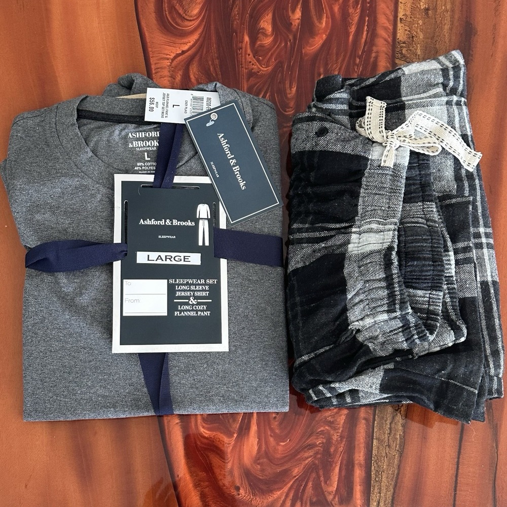 ASHFORD & BROOKS SLEEPWEAR SET Men's Size L Jersey LS Top Flannel Bottoms Pajama
